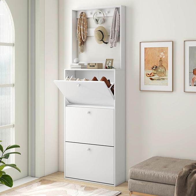 Shoe Storage Cabinet with 3 Flip Drawers, Narrow Shoe Cabinet with 9 Hooks Coat Rack, Freestanding Slim Shoe Storage Organizer for Entryway, Hallway, Entrance, Bedroom, Living Room, White-Ruum Studio Home