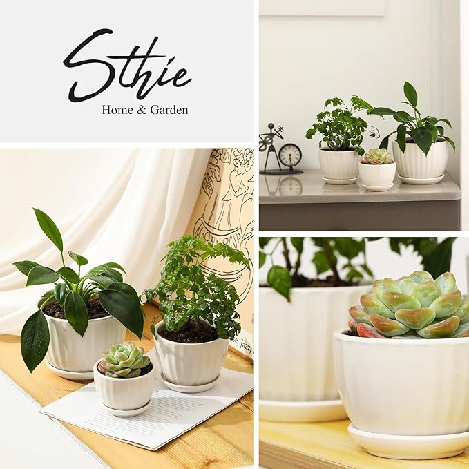 Ceramic Plant Pots with Drainage Holes and Saucers, Round White Flower Pots for Indoor Plant, Diameter 3.3/4.3/5.5 Inches Small Flower Planters Set of 3-Ruum Studio Home