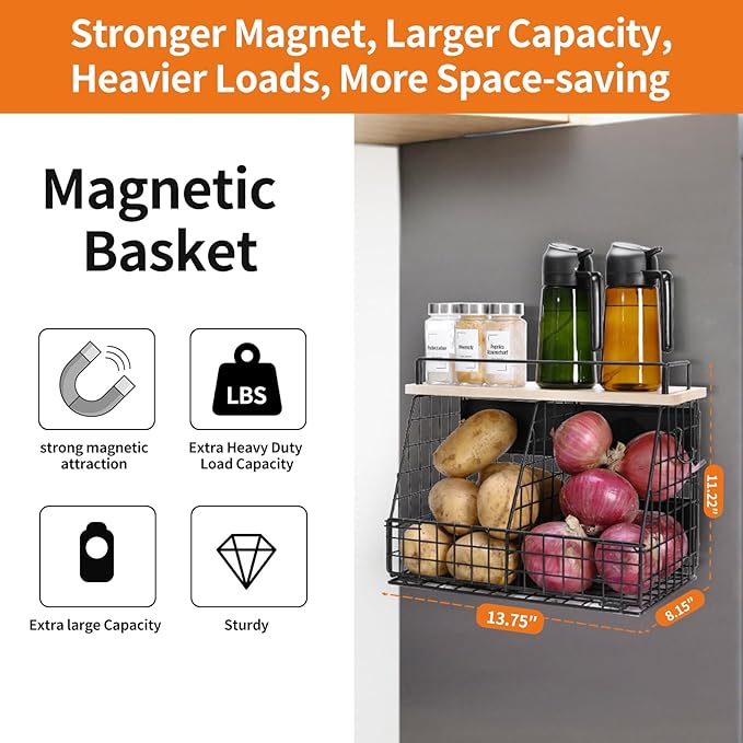 Large Magnetic Shelf for Fridge, Fruit and Vegetable Storage Wire Basket, Potato And Onion Storage Bin for Kitchen Organizers, Magnetic Spice Rack for Refrigerator, Kitchen Counter, RV and Laundry-Ruum Studio Home
