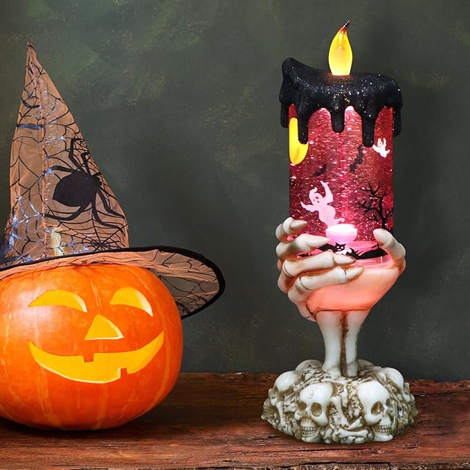 Eldnacele Halloween Snow Globe Candles Lighted Lamp USB Powered Battery Operated Spooky Spinning Water Glittering Tornado Flameless Candles Skeleton Hand Holder Halloween Centerpiece Decor(Ghost)-Ruum Studio Home