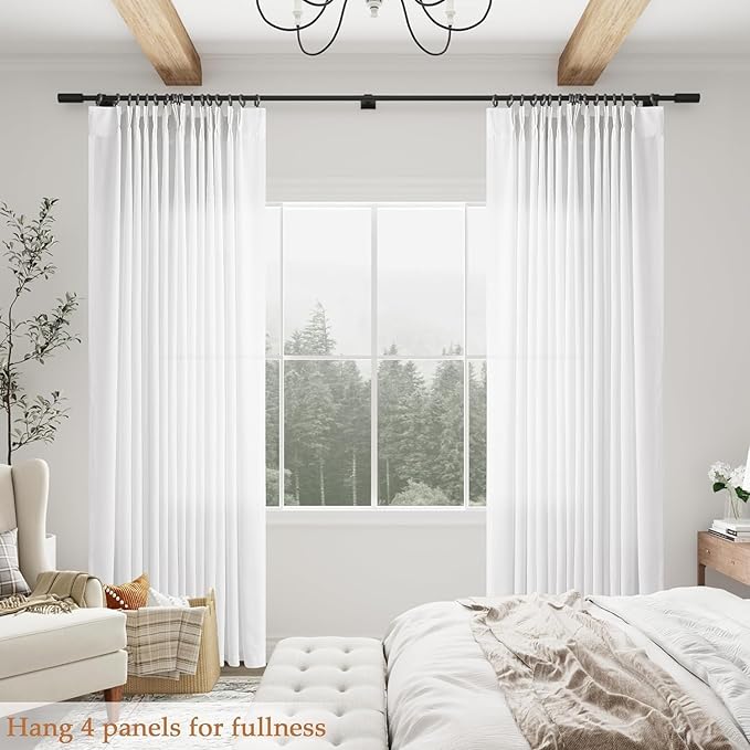 FMFUNCTEX Pinch Pleated Curtains 84 Inches Long for Living Room, White Semi Sheer Faux Linen Textured Pleat Drapes for Bedroom with Hooks, Light Filtering Neutral Farmhouse Window Drapes 2 Panels-Ruum Studio Home