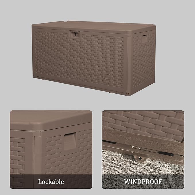 Premium Pro Edition 73 Gallon Lockable Resin Deck Box, Waterproof & UV-Resistant Outdoor Storage Box for Outdoor Cushion Storage, Garden Tools & Pool Accessories Storage, Brown-Ruum Studio Home