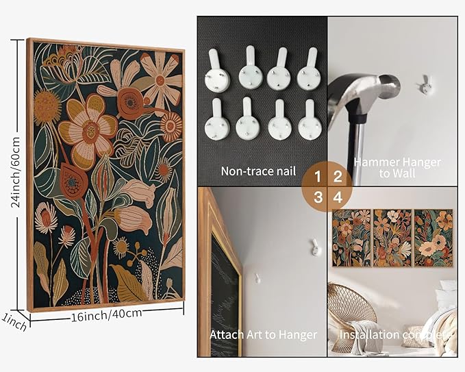 Tinonedraw Vintage Burnt Orange Floral Framed Canvas Wall Art Set of 3, Boho Chic Flower Artwork, Mid Century Modern Plant Wall Decor, Colorful Neutral Botanical Art Prints for Bedroom Living Room Office 16"x24"-Ruum Studio Home