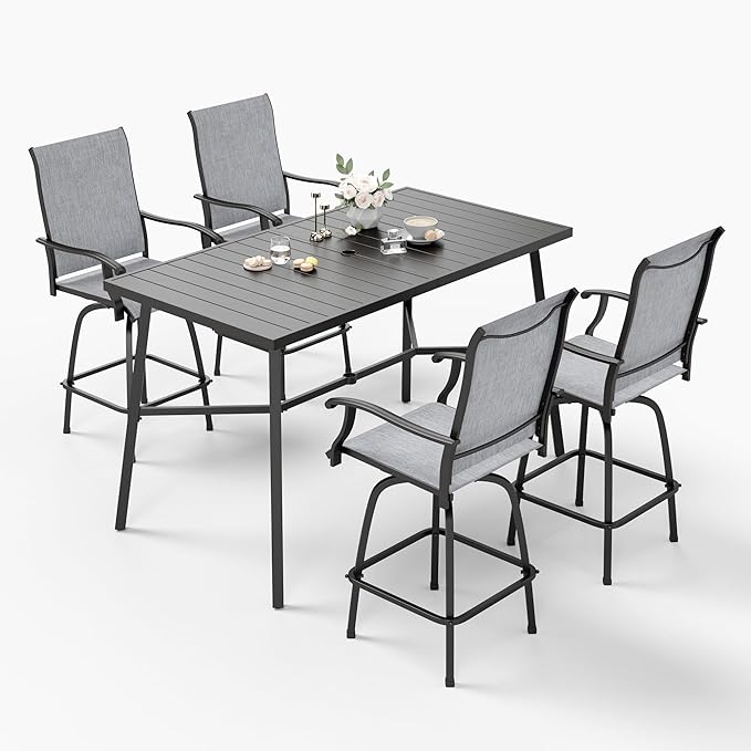 Sophia & William Outdoor Bar Set, Patio Bar Table and Chairs Set, Bar Height Patio Set - 4 x Swivel Bar Chairs(Grey), 1 x Rectangular Bar Table(Wood-Like)-Ruum Studio Home