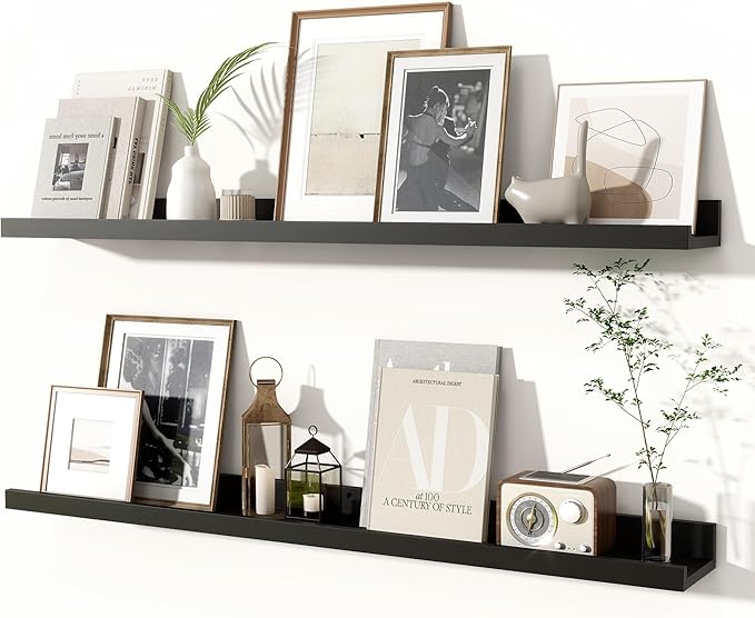 Fun Memories Picture Ledge Shelves Set of 2, 36 Inch Rustic Wall Mounted Floating Shelves with Lip for Home Storage and Décor in Bathroom, Kitchen, Nursery, Bedroom, Living Room, Black-Ruum Studio Home