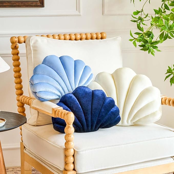 Dusty Blue Seashell Throw Pillows, Shell Shaped Throw Pillows, 13 Inch Soft Velvet Home Decorative Pillow Plush Cushion for Bed Couch Living Sofa Room Decor Accent Throw Pillow-Ruum Studio Home