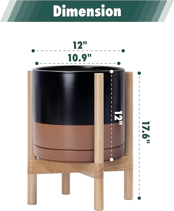 D'vine Dev Ceramic Planter with Natural Stand - 12 Inch Modern Round Flower Pot with Wood Planter Holder, Black/Speckled Tan, 55-B-J-7-Ruum Studio Home