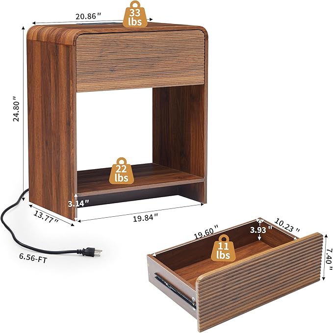 Fluted Nightstand Set of 2 with Charging Station, Modern Bed Side Table End Table with Drawer Storage, Large Wooden Night Stands Bedside for Bedroom Living Room Sofa Office, Walnut 2 Sets-Ruum Studio Home