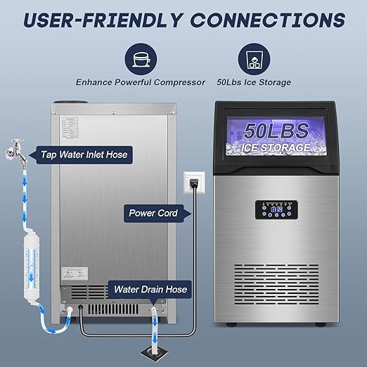Commercial Ice Maker Machine 150LBS/24H with 50LBS Storage Bin, Stainless Steel Undercounter/Freestanding Ice Maker Machine for Home Bar Outdoor, 55PCS Ice Cubes Ice Machine, Self Cleaning-Ruum Studio Home