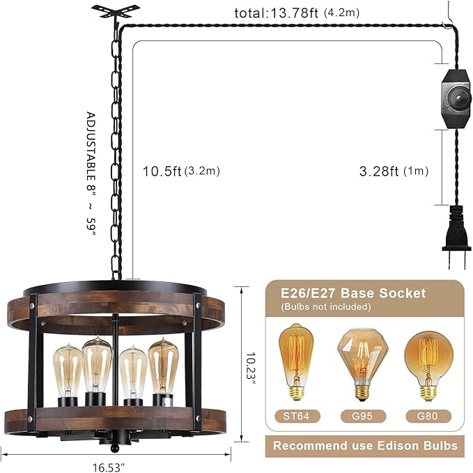 4-Light Large Rustic Farmhouse Plug in Pendant Light Fixture with Adjustable Chain, Dimmable Switch, 16.5 inch Oak Wood Drum Hanging Lamp for Dining Room Living Room Farmhouse Entry, Black-Ruum Studio Home