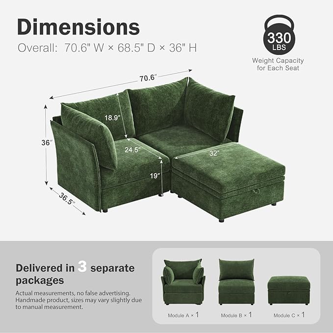 Luxury Modular Sectional Sofa, L-Shaped 3-Seat Couch with Storage Ottoman Deep Seat & Reversible Chaise Lounge Chenille Green for Compact Spaces, Apartments, Dorm-Ruum Studio Home
