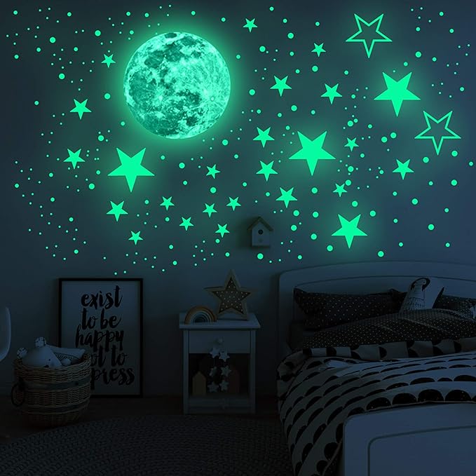 Luminous Wall Decals Ceiling Stickers Glow in The Dark Moon and Stars Starry Sky Shining Decals Room Decoration Perfect Gifts for Kids Bedroom Bedding Room, 1 Moon + 436 Stars and Dots-Ruum Studio Home