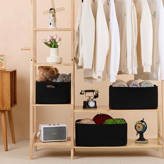 Large Storage Baskets for Shelves, Closet Organizers Bins for Clothes Blanket Towels, Baby Nursery, Toy Baskets Box, Woven Rope Baskets, 17 x 13 x 7.5”, 2 Packs Black-Ruum Studio Home