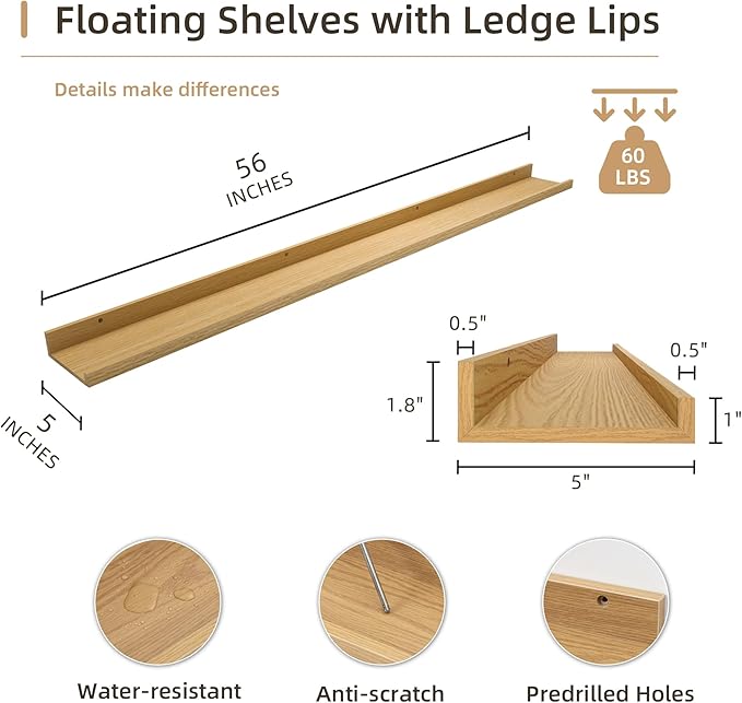 Picture Ledge Shelf, Wood Long Floating Shelves for Wall, Set of 2, 56 inch Picture Ledge Shelves, Photo Ledge Nursery Book Shelves Wall Mounted for Living Room Kids' Room Bedroom, Color Oak-Ruum Studio Home