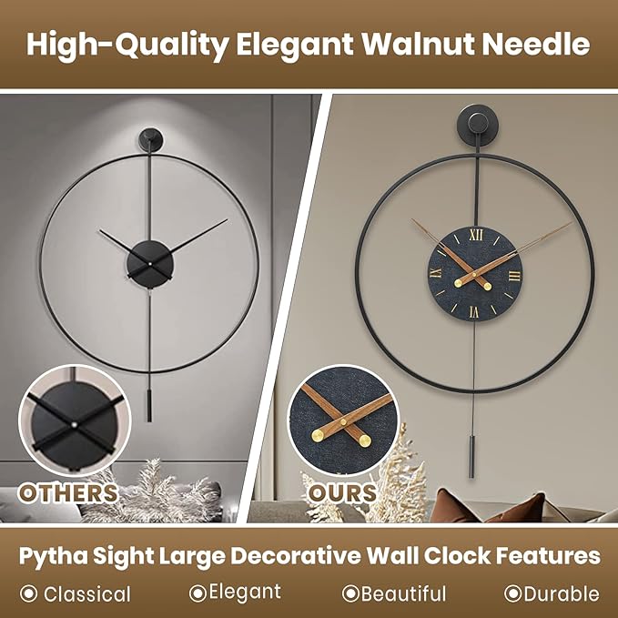 Large Modern Wall Clock,Wall Clocks for Living Room Decor,Classical Metal Minimalist Roman Numeral Dial,Big Decorative Farmhouse Pendulum Wall Clock With Walnut Pointers for Office,Dining Room-Ruum Studio Home