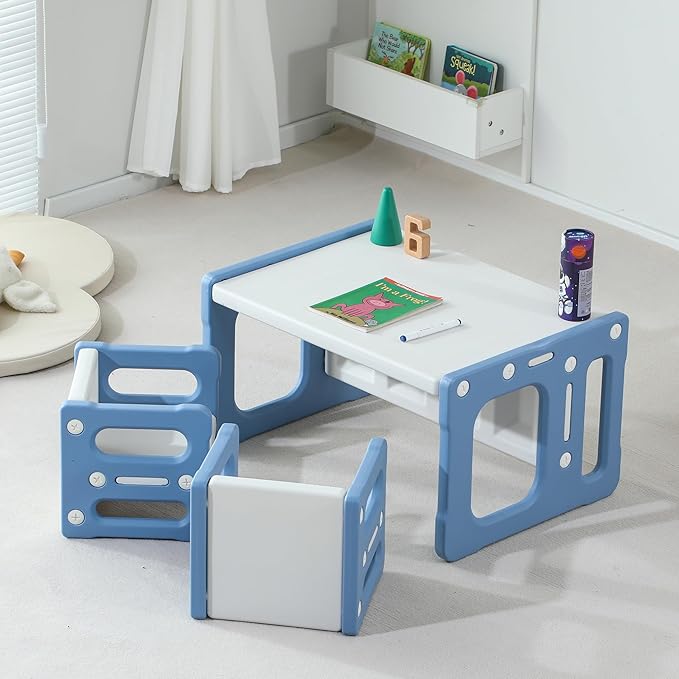 3 in 1 Montessori Weaning Table and 2 Chairs Set, Kids Activity Table Set, 2 Height Levels, Toddlers Activity Table for Drawing, Dining, Reading and Playing, Blue-Ruum Studio Home