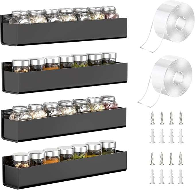PMMASTO Adhesive Acrylic Spice Rack Organizer for Wall with Nano Double Sided Tape, Spice Shelf Organization for Kitchen Cabinet Door/Pantry Door, Wall Mount Seasoning Rack (Black - 4 Pack)-Ruum Studio Home