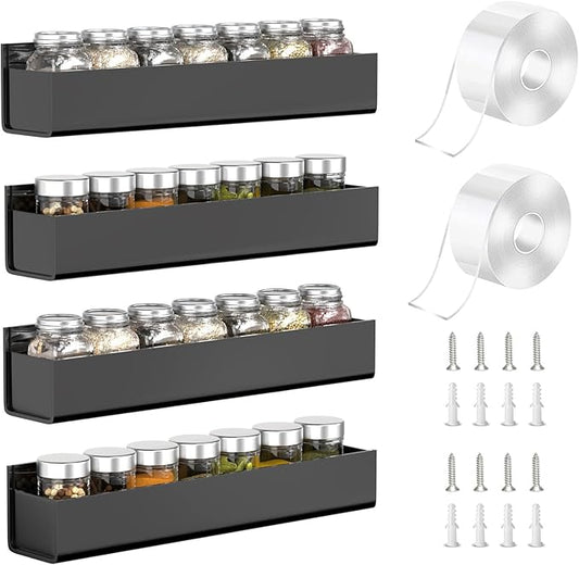 PMMASTO Adhesive Acrylic Spice Rack Organizer for Wall with Nano Double Sided Tape, Spice Shelf Organization for Kitchen Cabinet Door/Pantry Door, Wall Mount Seasoning Rack (Black - 4 Pack)-Ruum Studio Home