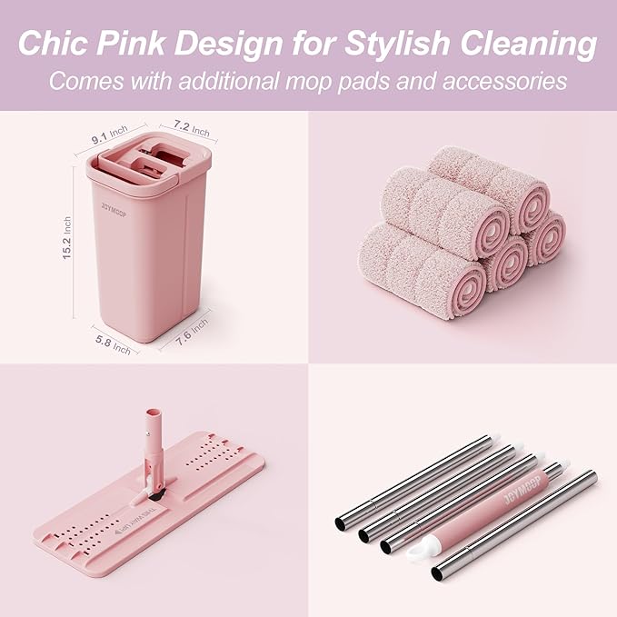 JOYMOOP Pink Mop and Bucket with Wringer Set for Home, with 5 Reusable Microfiber Mop Pads, Hands-Free Self-Cleaning System, Suitable for Floor Cleaning and Wall Cleaner-Ruum Studio Home