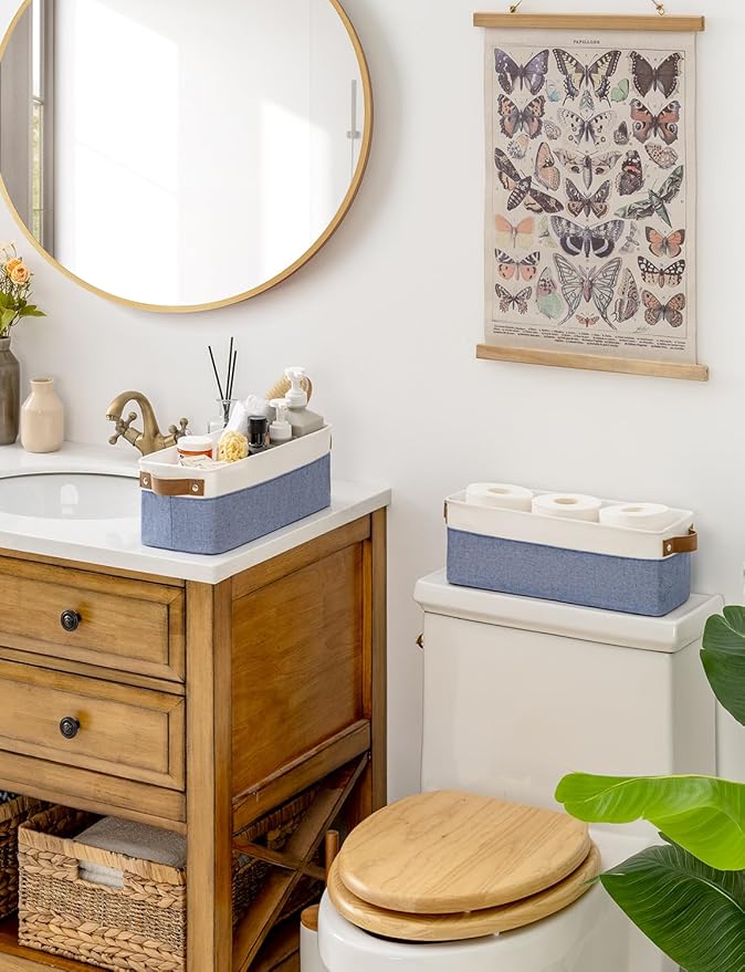 StorageWorks Narrow Storage Bins, Small Basket for Closet and Shelves, Fabric Organizer with Handles, Toilet Paper Storage, Blue and White, 2-Pack-Ruum Studio Home