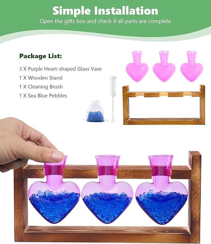 Nacome Plant Terrarium for Office Decor: Birthday Gifts for Plant Lovers Women Mom Wife - Wooden Stand Tabletop Planter 3 Bulb Glass Vase Heart Shaped for Hydroponics Indoor Home(Purple)-Ruum Studio Home