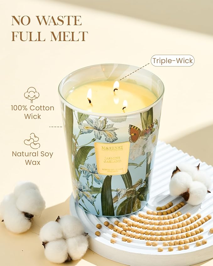 M&SENSE Jasmine Candles Highly Scented 3 Wick 35oz 150 Hours Burn Extra Large Jar Candles for Women, Natural Soy Wax Aromatherapy Candle for Stress Relief, Meditation, Yoga, Spa-Ruum Studio Home