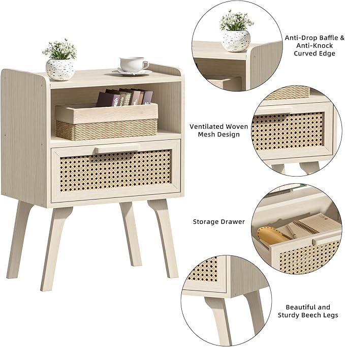 Lerliuo Rattan Nightstand, Side Table with Drawer Open Shelf, Cane Accent Bedside End Table with Solid Wood Legs, Mid Century Modern Night Stand for Bedroom, Dorm and Small Spaces (Grey White)-Ruum Studio Home