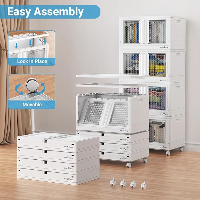 400Qt Stackable Storage Bins with Lids, 100Gal Closet Organizers and Storage Drawer, Plastic Collapsible Storage Bins with Doors, Heavy Duty Store Box Cabinet for Home Kitchen, 4Pack White-Ruum Studio Home