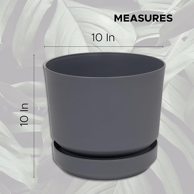 Elly Décor 10 inch Plastic Cylinder Planter Pot with Self-Watering Saucer and Drainage Hole,Lightweight & Extremely Durable, 10"x 10", Light Gray-Ruum Studio Home