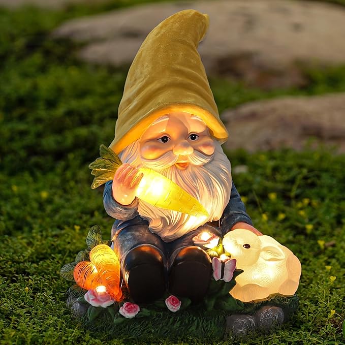 Solar Garden Outdoor Statues Gnome Feeding Rabbit with 6 LED Solar Figurine for Lawn,Patio,Balcony,Yard Decor Unique Housewarming Gift, for Grandfather, Father,Grandma-Ruum Studio Home