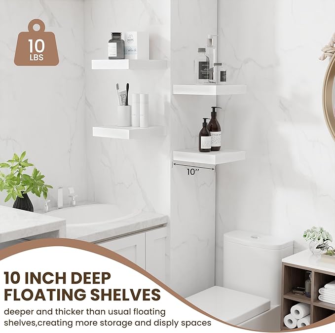 Fun Memories Floating Shelves for Wall 10 Inch, 10 Inch Deep Square Wall Shelves, Bathroom Storage Shelves Over Toilet, Wood Floating Shelves for Living Room Bedroom, White, Set of 2-Ruum Studio Home