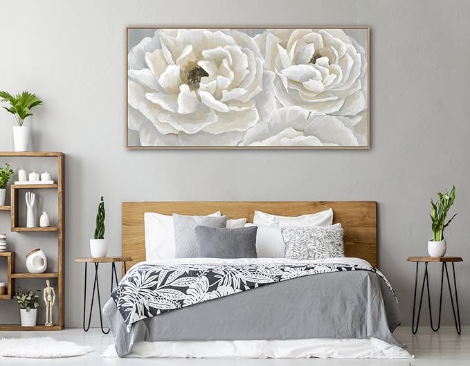 arteWOODS Cream White Flowers Framed Wall Art - Soft Peony Pictures for Wall Decor Elegant Blossom Flower Painting Artwork Botanical Prints for Living Room Home Office Wall Decoration 29" x 58"-Ruum Studio Home