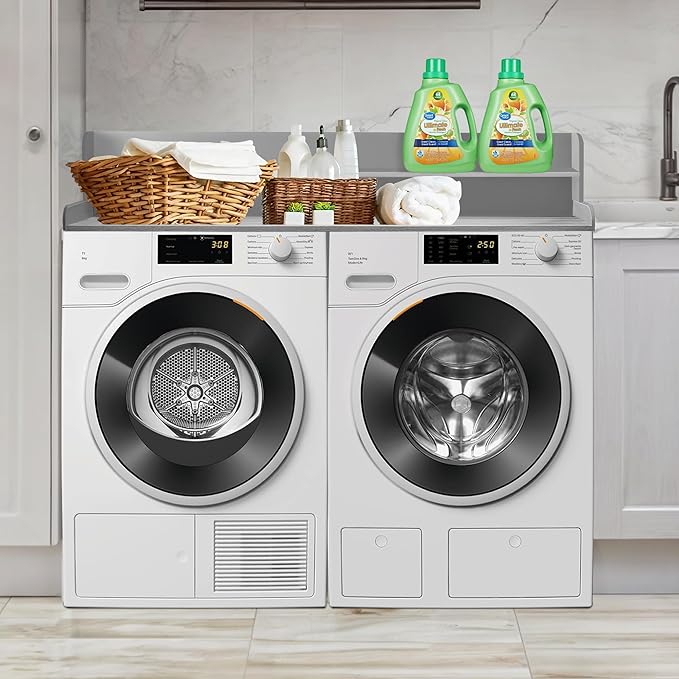 Royxen Laundry Countertop with 2-Tier Shelf Universal Fit, Washer and Dryer Countertop with Storage Space, Shelf Height 11.5 Inches, Solid Wood, Grey-Ruum Studio Home