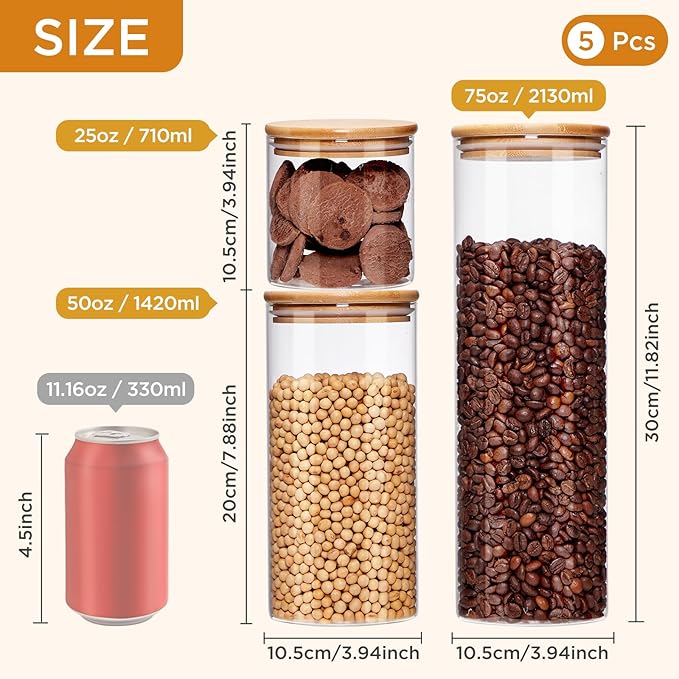 Glass Food Storage Jars with Lids[Set of 5], Perfect for Pasta, Cookies, Nuts, Coffee, Cereal, Flour, and More, Organize Your Kitchen and Pantry with these BPA-Free Glass Canisters-Ruum Studio Home