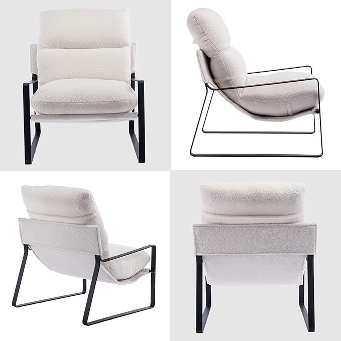 DUOMAY Modern White Sherpa Accent Chair Set of 2, Comfy Lounge Lazy Chair with Metal Leg, Mid-Century Corner Arm Chair for Living Room Bedroom Office Apartment-Ruum Studio Home