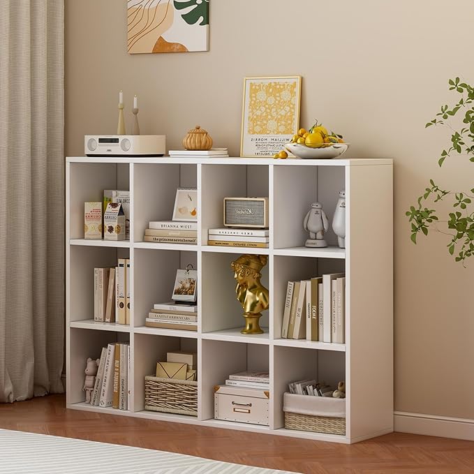 12-Cube Storage Shelf Bookcase - Wooden 3-Tier Floor Standing Open Bookshelf for Home and Office, Display Cabinet, Warm White-Ruum Studio Home