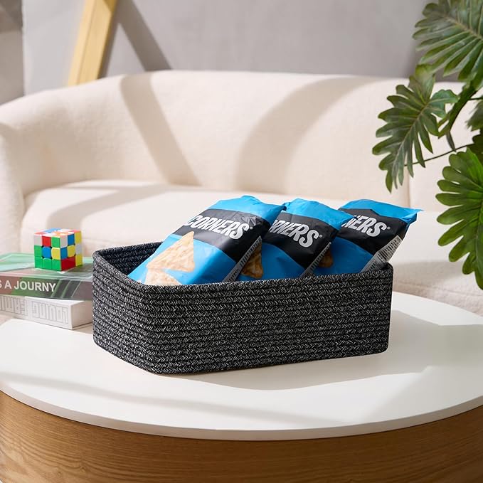 Large Shallow Organizing Baskets 15x11x5.1 Inches - Rope Woven Storage Bins for Bathroom, Shelves, Cube Closet, Mixed Black 2 Packs-Ruum Studio Home