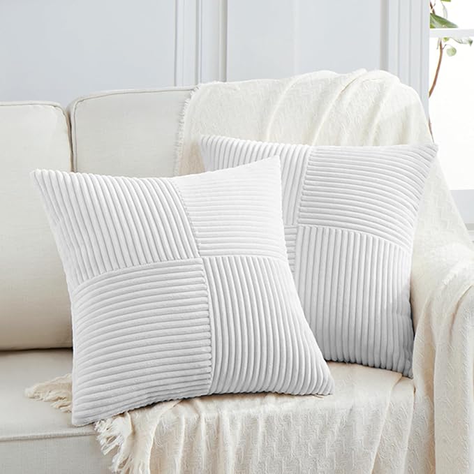 Fancy Homi 2 Packs Pure White Decorative Throw Pillow Covers 18x18 Inch for Living Room Couch Bed Sofa, Farmhouse Boho Home Decor, Soft Corss Corduroy Patchwork Textured Square Cushion Case 45x45 cm-Ruum Studio Home