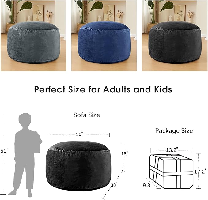 Bean Bag Chairs for Kids - Memory Foam Furniture BeanBag Chair - Kids/Teens Sofa with Soft Micro Fiber Cover - Round Fluffy Couch for Living Room Bedroom College Dorm - 2.5 ft, Carbon Black-Ruum Studio Home