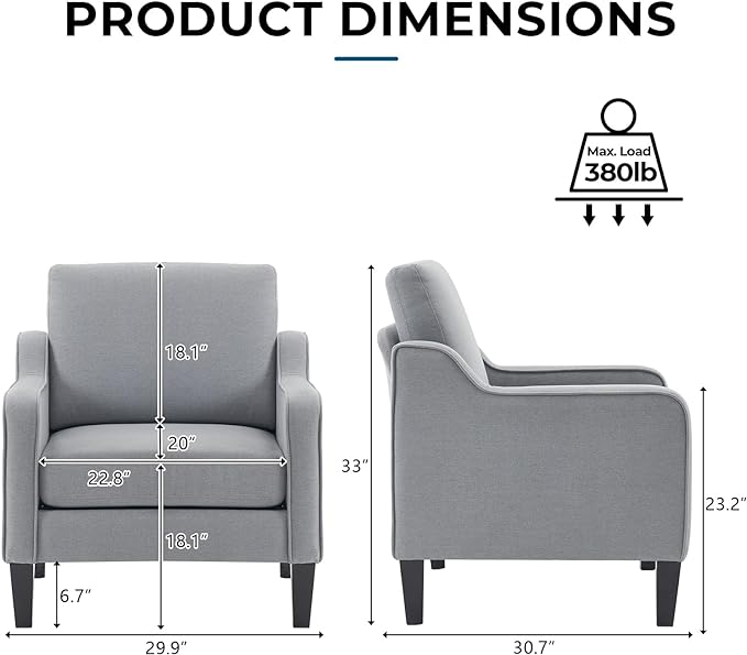 VINGLI Modern Accent Chairs Set of 2, Grey Living Room Chairs Comfy Armchair for Bedroom, Upholstered Sofa Chair Reading Chair for Small Spaces, Apartment, Waiting Room-Ruum Studio Home