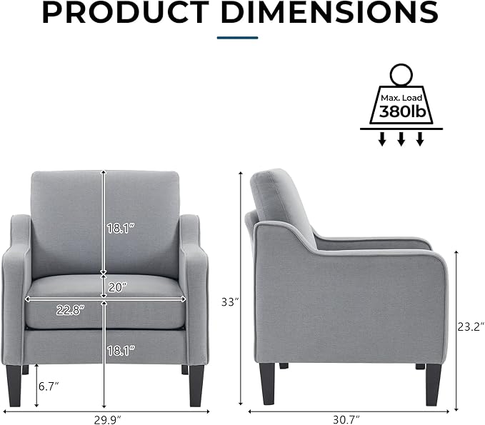 VINGLI Mid Century Modern Accent Chair, Light Grey Fabric Accent Chairs for Living Room Upholstered Armchair with Scooped Arms for Bedroom, Apartment, Studio, Office, Waiting Room-Ruum Studio Home