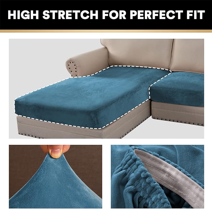 PrinceDeco Velvet Sectional Couch Covers, 4 Pieces, L Shape, Blue, 3 Seater + 1 Chaise-Ruum Studio Home