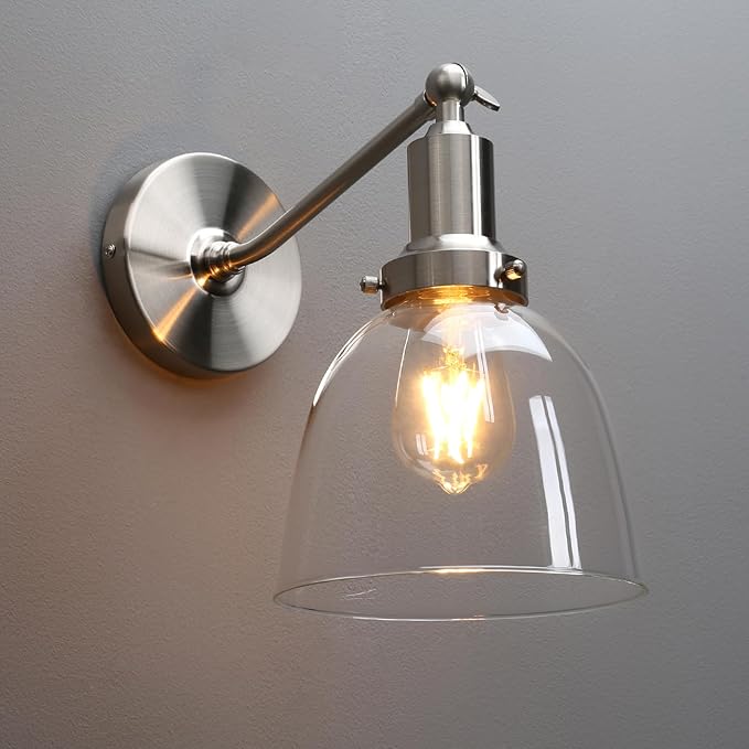 PERMO Industrial Vintage Slope Pole Wall Mount Single Sconce with 6.7" Oval Dome Clear Glass Shade Wall Sconce Light Lamp Fixture (Brushed Nickel)-Ruum Studio Home