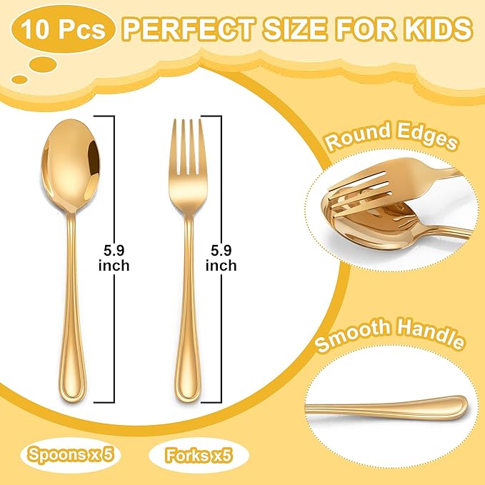 E-far 10-Piece Gold Toddler Utensils, Kid Stainless Steel Silverware Set, Children Safe Forks and Spoons Set for Self Feeding, Healthy & Non-Toxic, Mirror Polished & Easy to Clean-Ruum Studio Home