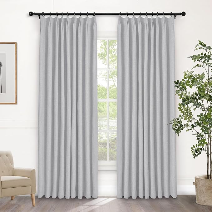 Macochico Pinch Pleated Blackout Curtains 102 Inches Long 100% Light Blocking Silver Grey Linen Drapes for Bedroom Living Room Farmhouse Shabby Chic Burlap Curtains with Tieback 72”Wx102”L 1 Panel-Ruum Studio Home