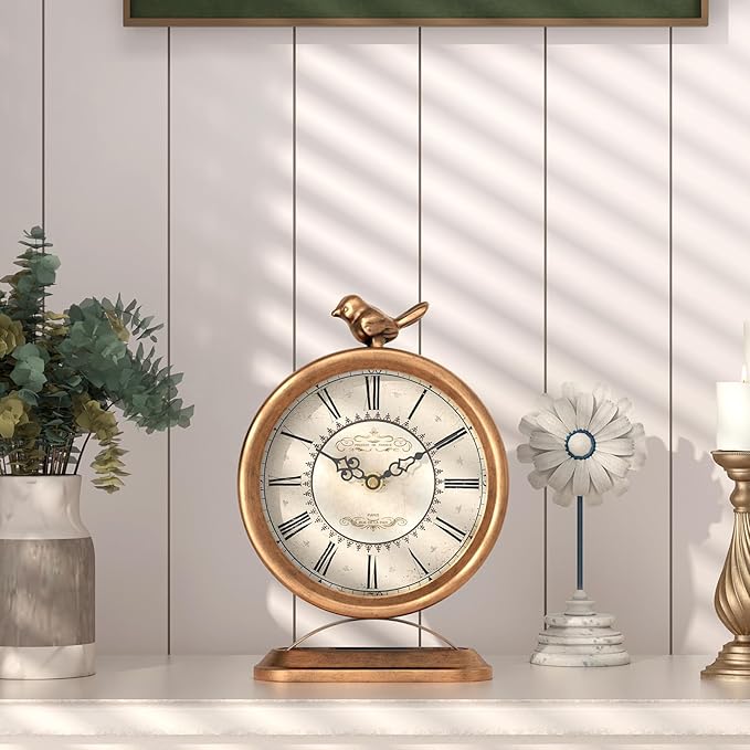 Vintage Table Clock with Bird, European Antique Style Gold Mantel Clocks, Desk and Shelf Decor Clock, for Farmhouse, Bedside, Living Room, Bedroom, Gift (9" H x 6.5" W)