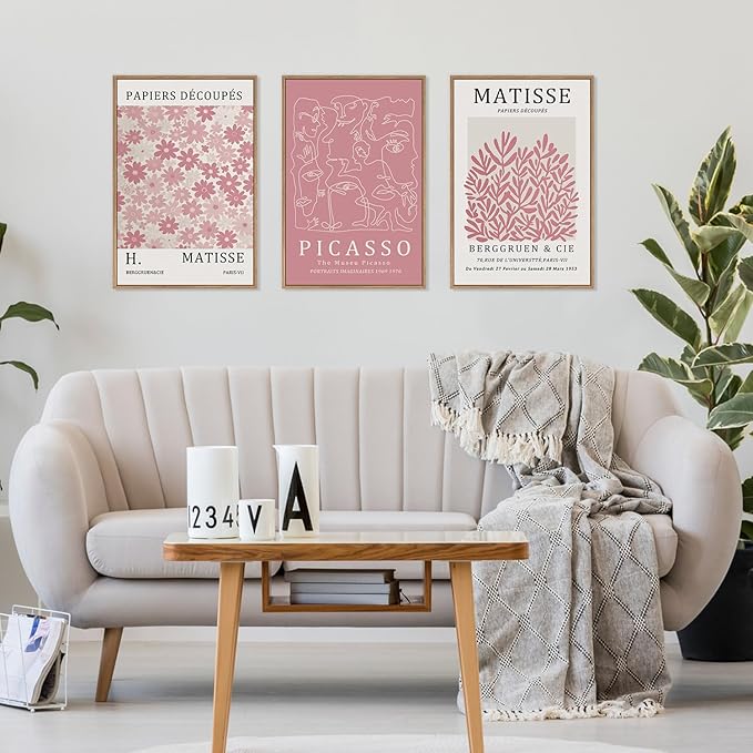 HLNIUC Matisse Pink Wall Art,Neutral Pink Flower Framed Canvas Wall Decor Set of 3(16”x24’) Modern Aesthetic Pictures Wall Painting,Abstract Flower Market Art Print for Living Room,Bedroom-Ruum Studio Home
