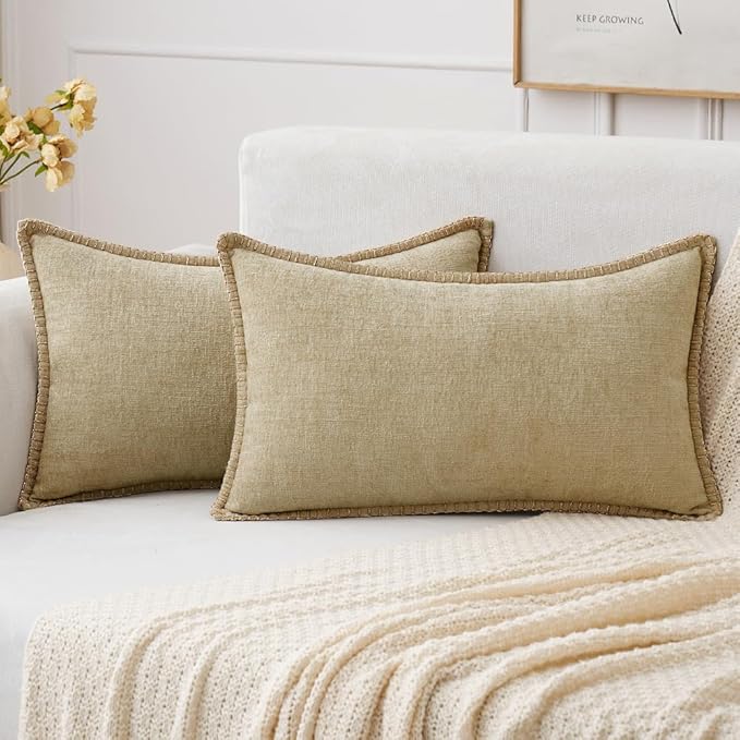 MIULEE Pack of 2 Couch Throw Pillow Covers 12x20 Inch Beige Farmhouse Decorative Pillow Covers with Stitched Edge Soft Chenille Solid Dyed Spring Pillow Covers for Sofa Bed Living Room-Ruum Studio Home