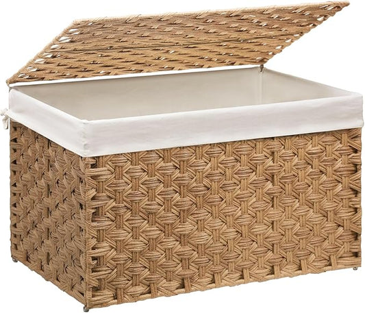 Wicker Storage Basket with Lid, 42.3 Gallon (160L) Large Blanket Basket with Lid, Woven Storage Bin with Handles, Removable Liner, Metal Frame, Foldable, for Bedroom, Laundry Room, Natural-Ruum Studio Home
