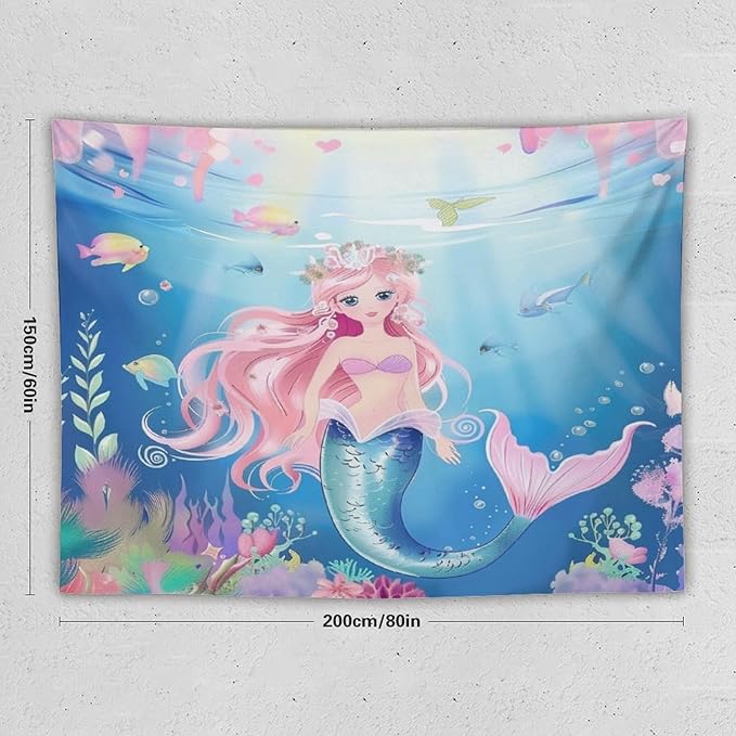 HZOHNAGO Mermaid Girls Tapestry Watercolor Mermaid Princess Pattern Printed Wall Tapestry Wall Hanging for Bedroom Living Room Dorm 80" W x 60" H-Ruum Studio Home